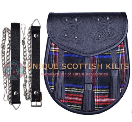 Black Leather Scottish Black Stewart Tartan Sporran