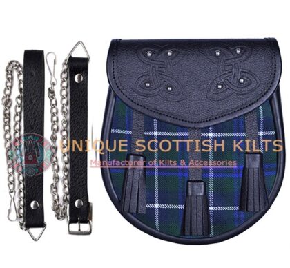 Black Leather Scottish Blue Douglas Tartan Sporran