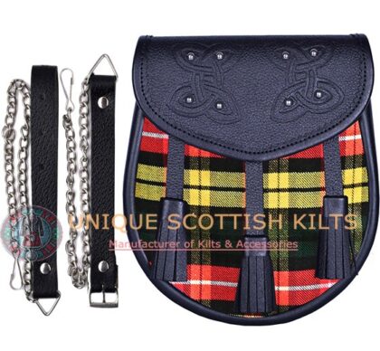 Black Leather Scottish Buchanan Modern Tartan Sporran