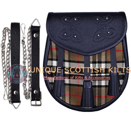 Black Leather Scottish Camel Thompson Tartan Sporran