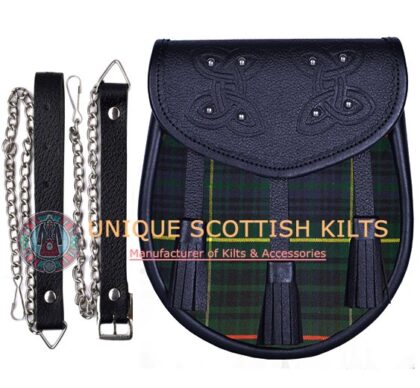 Black Leather Scottish Hunting Stewart tartan Sporran