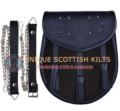 Black Leather Solid Black tartan Sporran