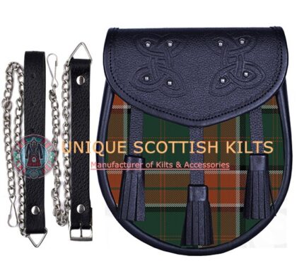 Black Leather Clan Pollock tartan Sporran