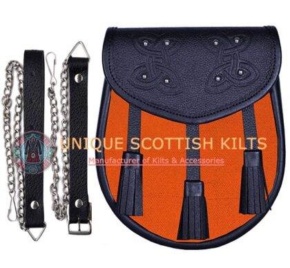 Black Leather Saffron Gold tartan Sporran