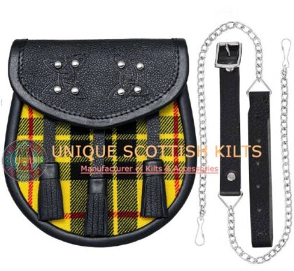 Black Leather Scottish MacLeod of Lewis tartan Sporran