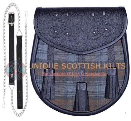 Black Leather Scottish Black Watch Weathered tartan Sporran