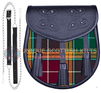 Black Leather Scottish Buchanan Muted tartan Sporran