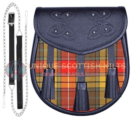 Black Leather Scottish Buchanan Old Ancient tartan Sporran
