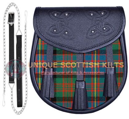 Black Leather Scottish Cameron of Erracht Ancient tartan Sporran