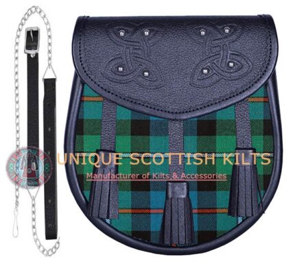 Black Leather Scottish Campbell of Cawdor tartan Sporran