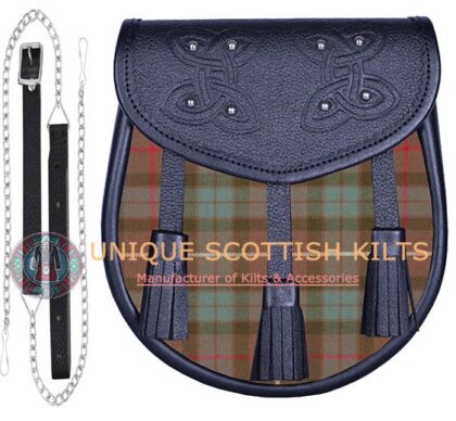 Black Leather Scottish Fraser Weathered tartan Sporran