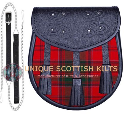 Black Leather Scottish Clan Grant tartan Sporran
