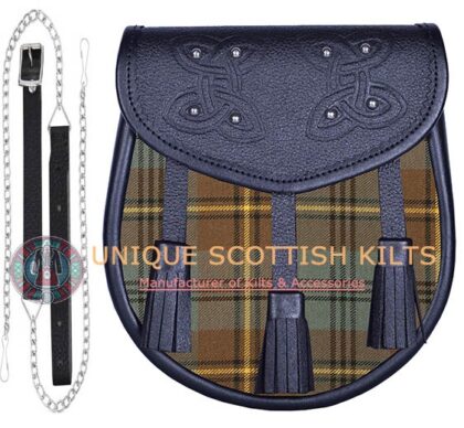 Black Leather Scottish Johnston Weathered tartan Sporran