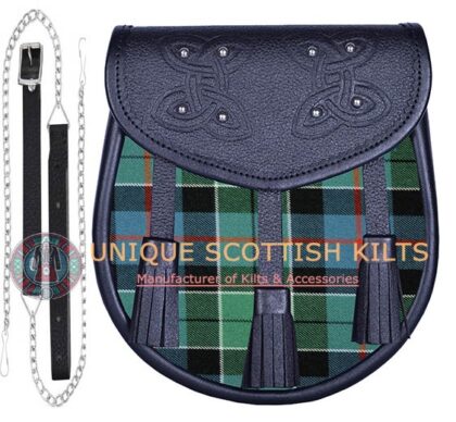 Black Leather Scottish Leslie Green Ancient tartan Sporran