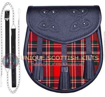 Black Leather Scottish MacFarlane Clan Modern tartan Sporran