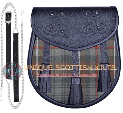 Black Leather Scottish Mackenzie Weathered tartan Sporran