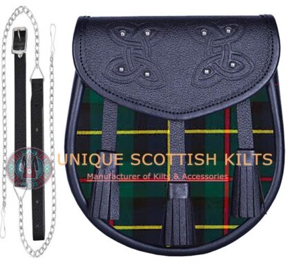 Black Leather Scottish MacLeod of Harris tartan Sporran