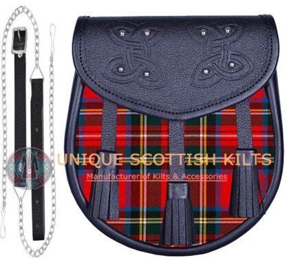 Black Leather Scottish Royal Stewart Modern tartan Sporran