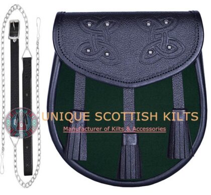 Black Leather Scottish Solid Green tartan Sporran