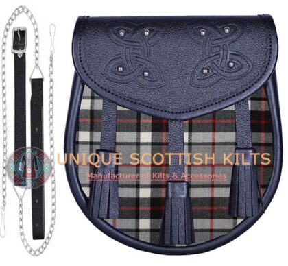 Black Leather Scottish Thompson Grey tartan Sporran