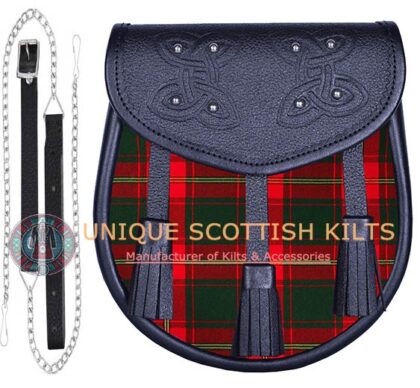 Black Leather Scottish Ulster Red tartan Sporran