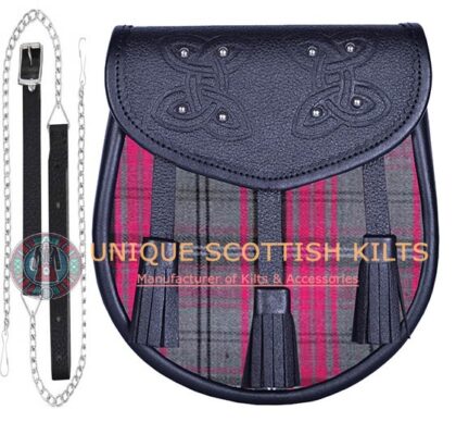 Black Leather Scottish Alisa Pink tartan Sporran