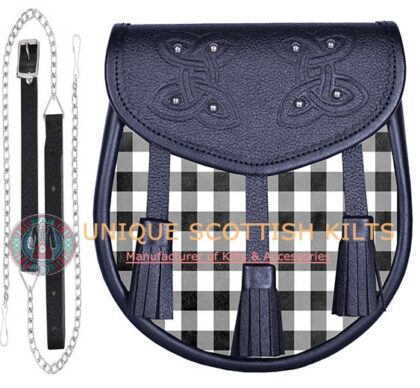 Black Leather Scottish White and Black tartan Sporran
