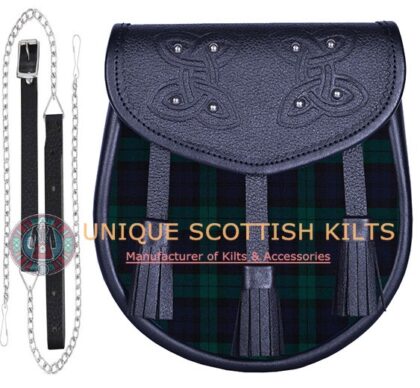 Black Leather Scottish Black Watch tartan Sporran