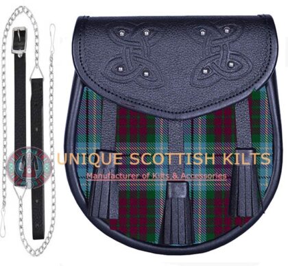 Black Leather Scottish Dun Broch tartan Sporran