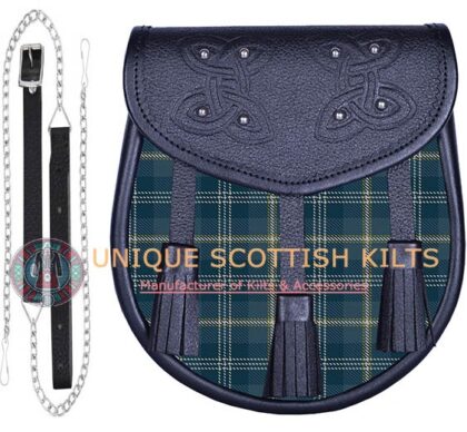 Black Leather Scottish Gorman Blue tartan Sporran