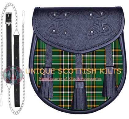 Black Leather Scottish Irish Heritage tartan Sporran