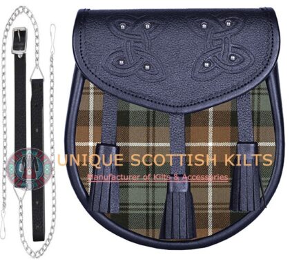 Black Leather Scottish Lamont Weathered tartan Sporran