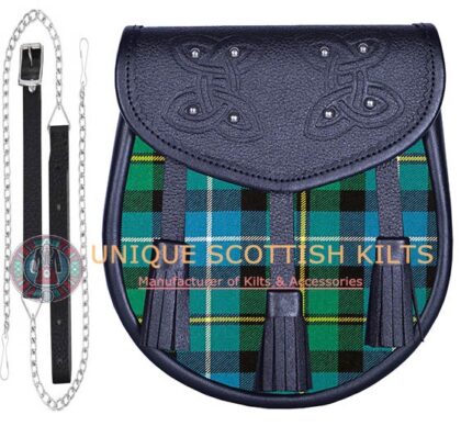 Black Leather Scottish MacNeil of Barra Ancient tartan Sporran