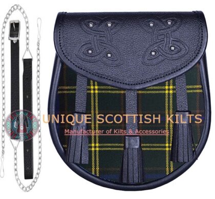 Black Leather Scottish US Army tartan Sporran