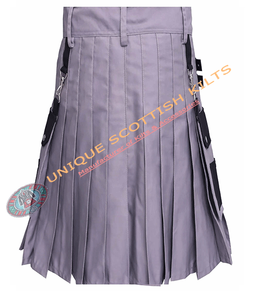 Scottish Handmade Black & Grey Cotton Utility Kilt With Adjustable Buckles - Image 4