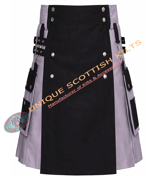 Scottish Handmade Black & Grey Cotton Utility Kilt With Adjustable Buckles - Image 2