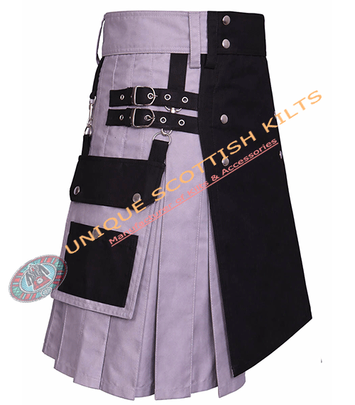 Scottish Handmade Black & Grey Cotton Utility Kilt With Adjustable Buckles