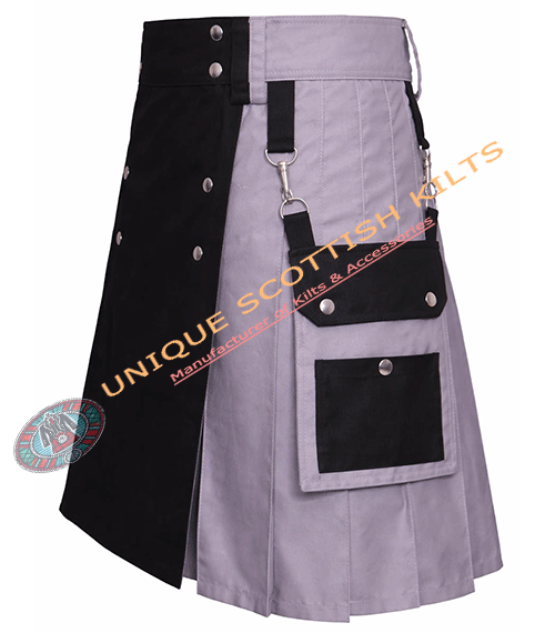 Scottish Handmade Black & Grey Cotton Utility Kilt With Adjustable Buckles - Image 3