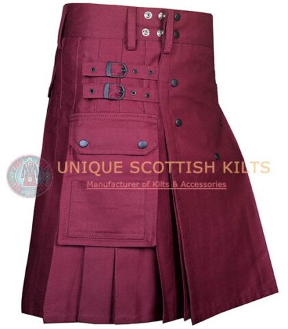 Scottish Handmade Burgundy Cotton Utility kilt