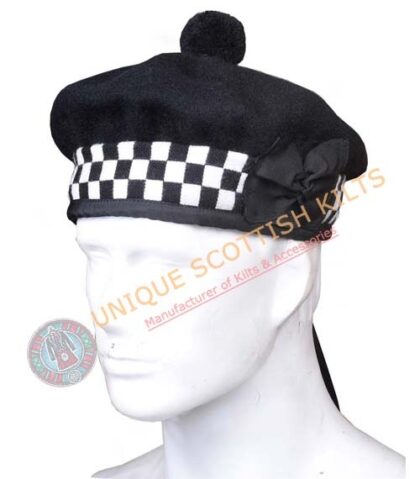 Balmoral Cap Black Wool Scottish Military Diced Barret Bonnet