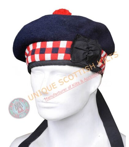 Balmoral Cap Navy Blue With Red Blue and White Diced Scottish Military Diced Barret Bonnet
