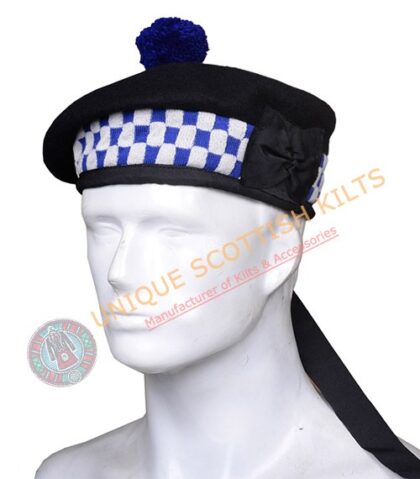 Balmoral Cap Black Wool With Royal Blue and White Diced Scottish Military Diced Barret Bonnet