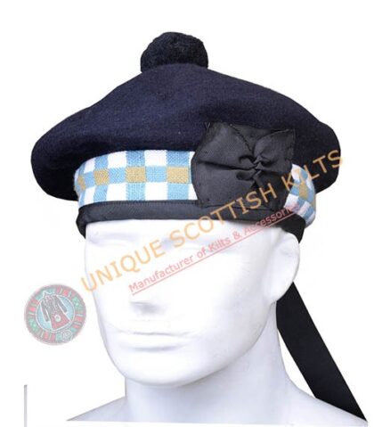 Balmoral Cap Navy Blue Wool With White Blue and Tan Diced Scottish Military Diced Barret Bonnet