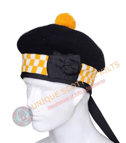 Balmoral Cap Black Wool With Yellow and White Diced Scottish Military Diced Barret Bonnet