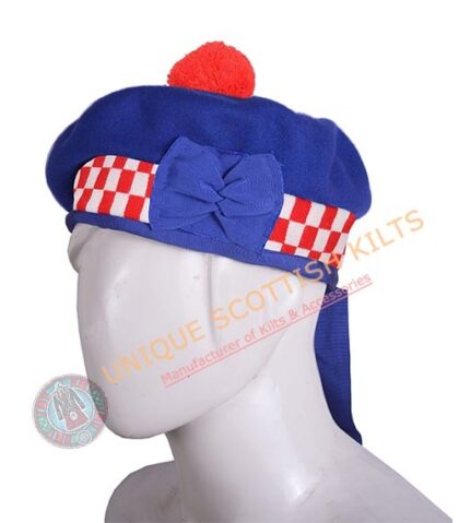 Balmoral Cap Royal Blue Wool With Red & White Diced Scottish Military Diced Barret Bonnet