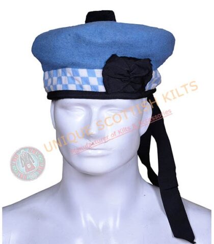 Balmoral Cap Sky Blue Wool With Sky Blue and White Diced Scottish Military Diced Barret Bonnet