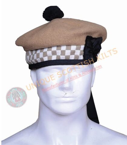 Balmoral Cap Khaki Wool With Khaki and White Diced Scottish Military Diced Barret Bonnet