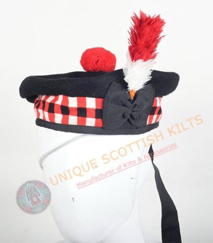 Balmoral Cap Black Wool With Red Black and White Diced Scottish Military Diced Barret Bonnet