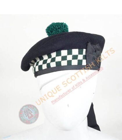 Balmoral Cap Black Wool With Green and White Diced Scottish Military Diced Barret Bonnet
