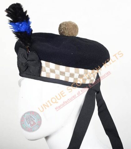 Balmoral Cap Black Wool With Khaki and White Diced Scottish Military Diced Barret Bonnet
